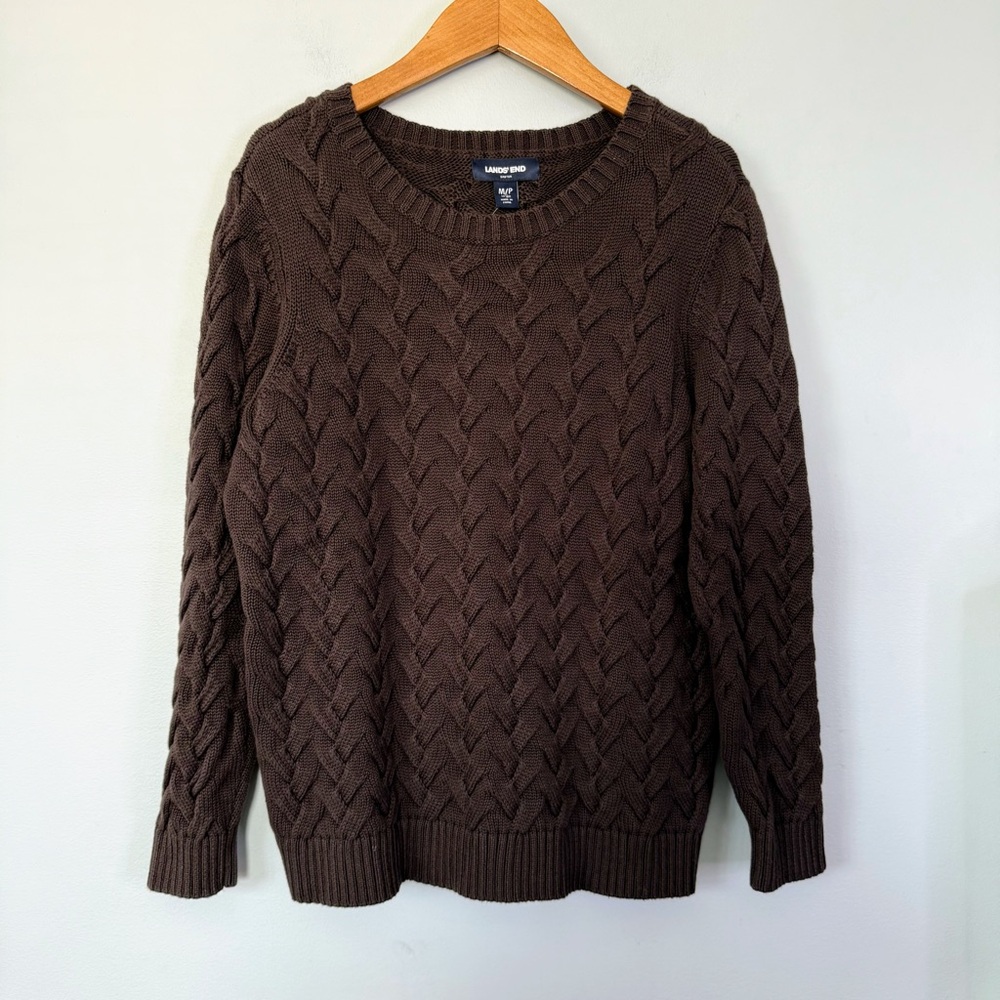 Lands’ End Drifter Cable Knit Preppy Sweater Brown 100% Cotton Size Medium
